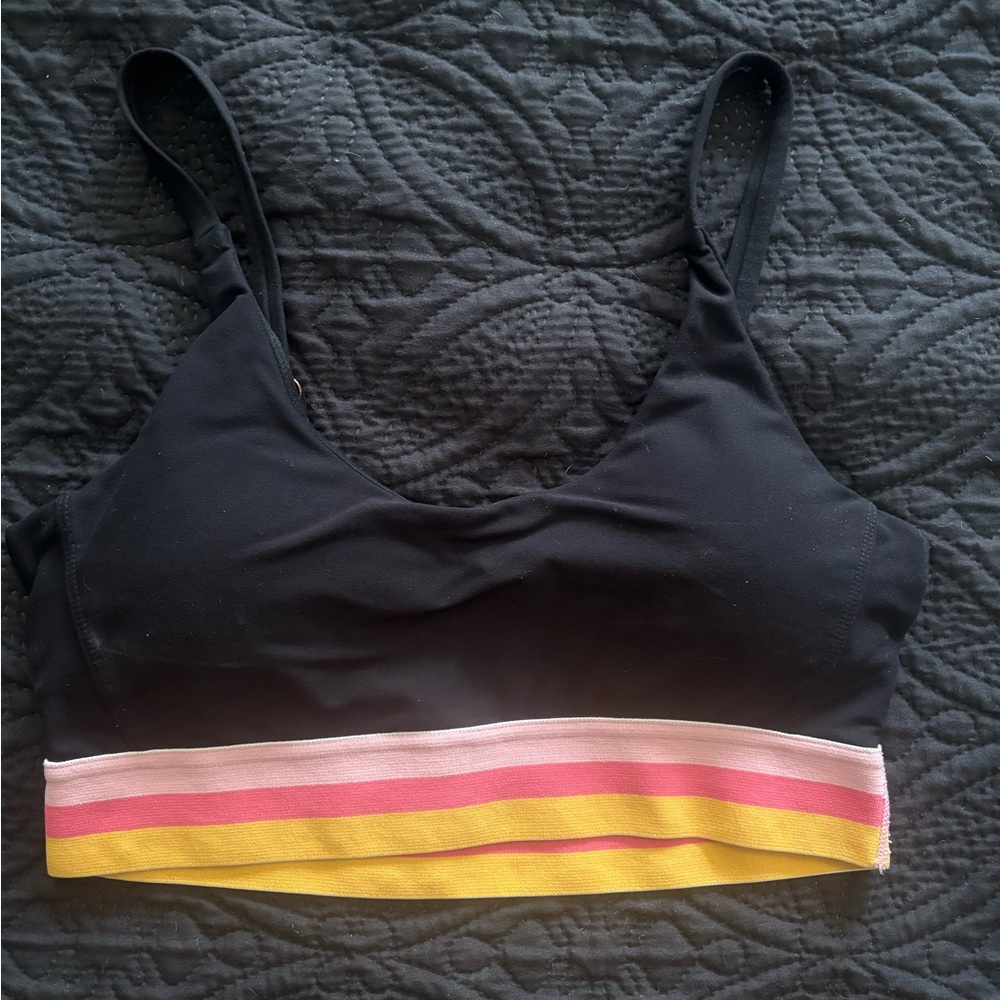 POPFLEX Black Sports Bra with Pink and Yellow Stripes